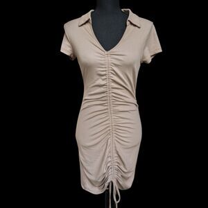 NWOT Beige Short Sleeve, Collared Mini Dress with Tie Front Ruching - Size Large